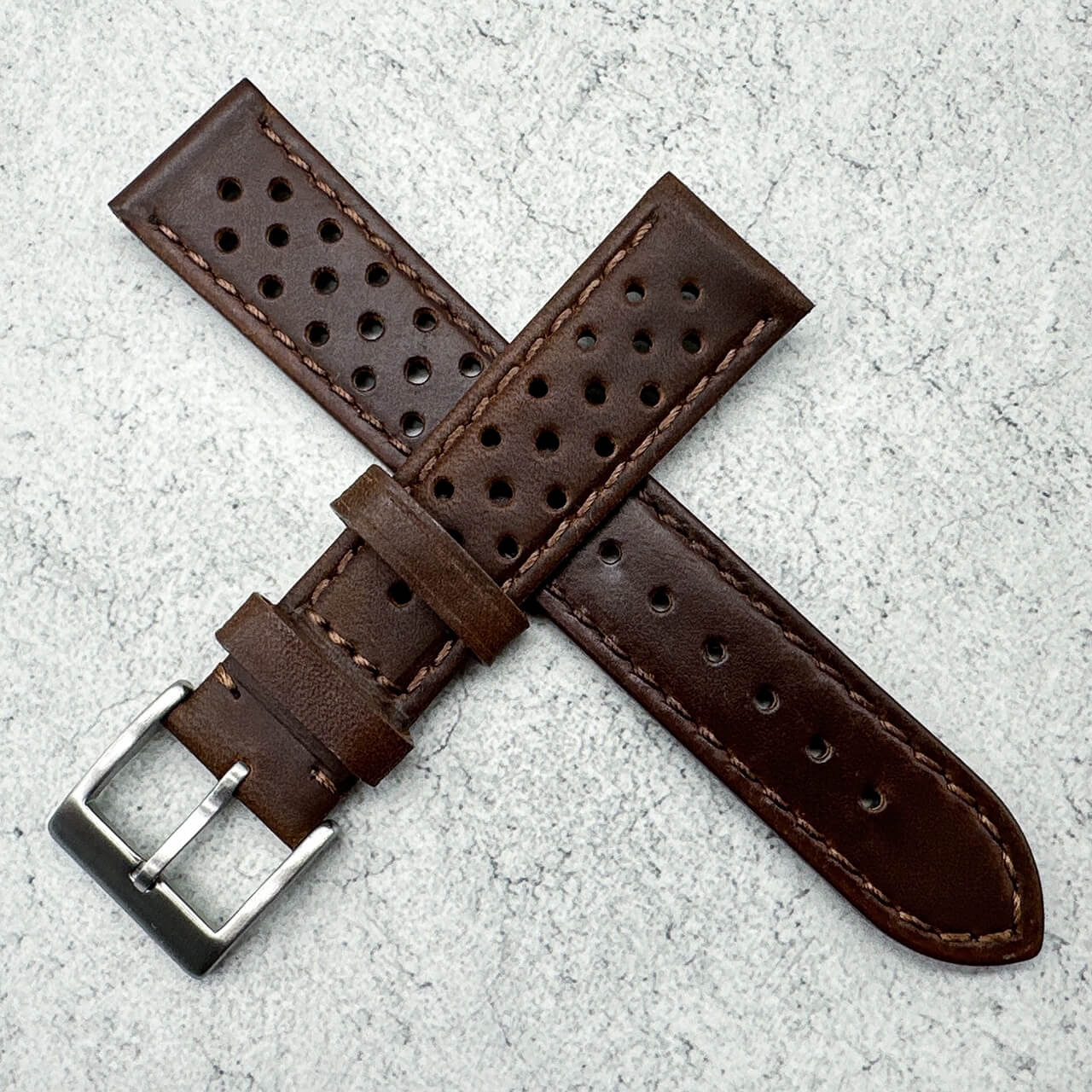 Rally Racing Perforated Cowhide Leather Watch Strap Dark Brown 6