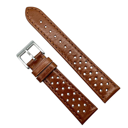 Rally Racing Perforated Cowhide Leather Watch Strap Red Brown 1