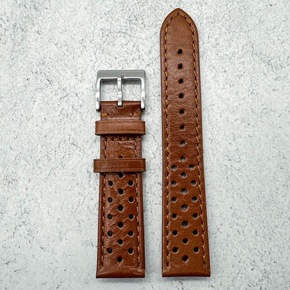 Rally Racing Perforated Cowhide Leather Watch Strap Red Brown 2