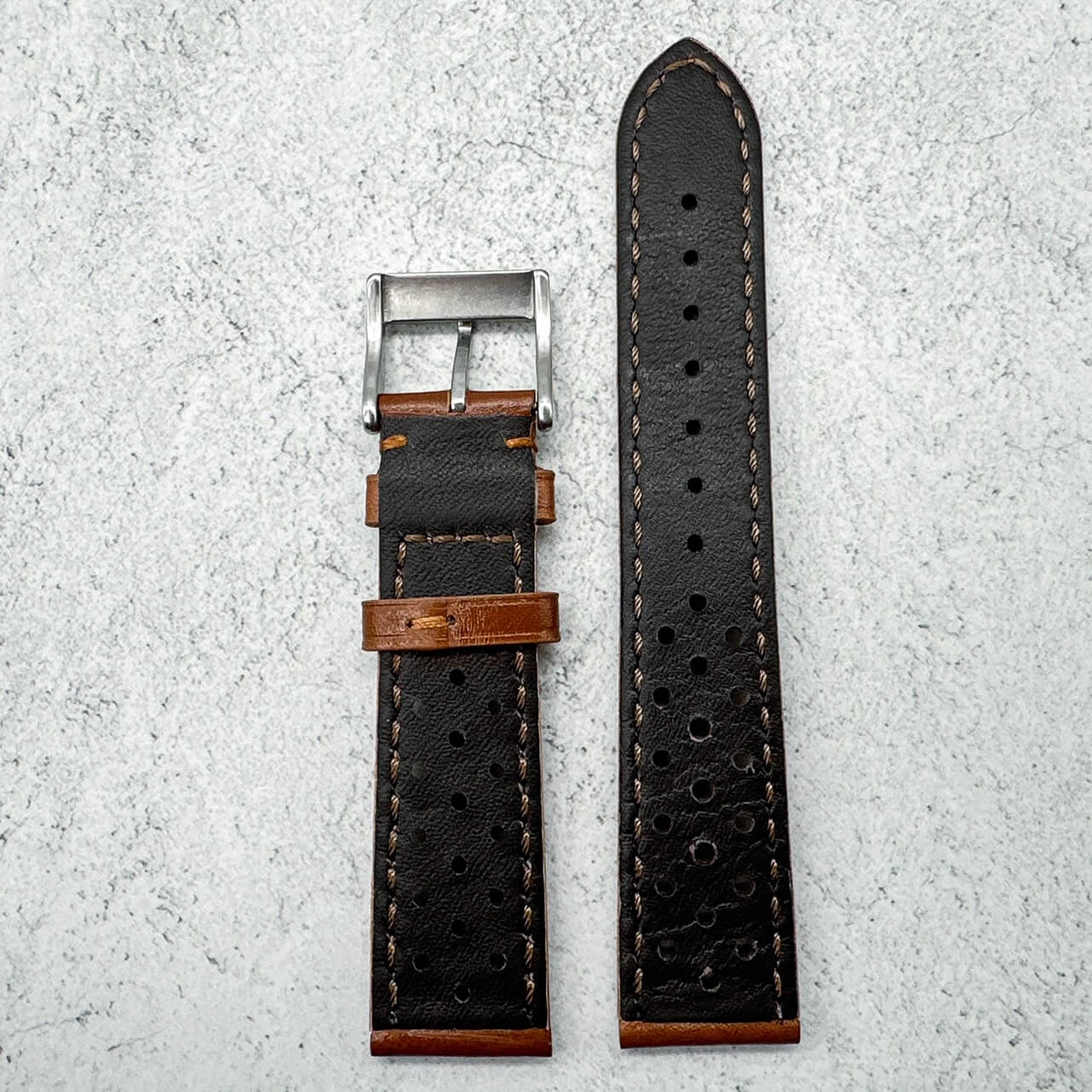 Rally Racing Perforated Cowhide Leather Watch Strap Red Brown 3