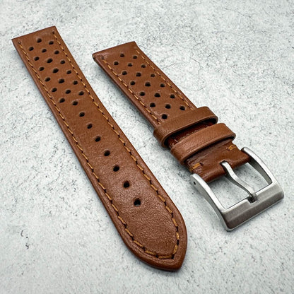 Rally Racing Perforated Cowhide Leather Watch Strap Red Brown 4