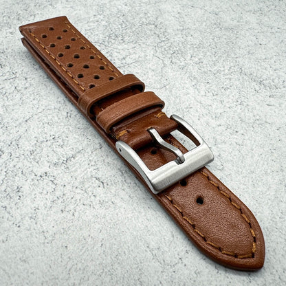 Rally Racing Perforated Cowhide Leather Watch Strap Red Brown 5