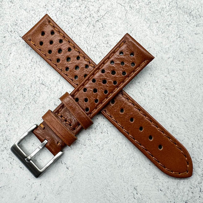 Rally Racing Perforated Cowhide Leather Watch Strap Red Brown 6