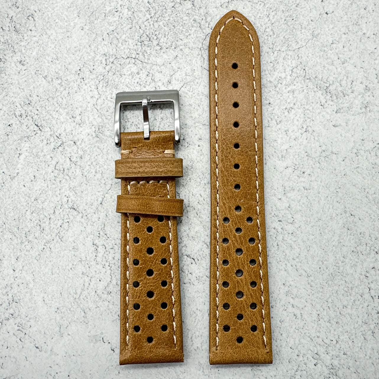 Rally Racing Perforated Cowhide Leather Watch Strap Yellow Brown 2