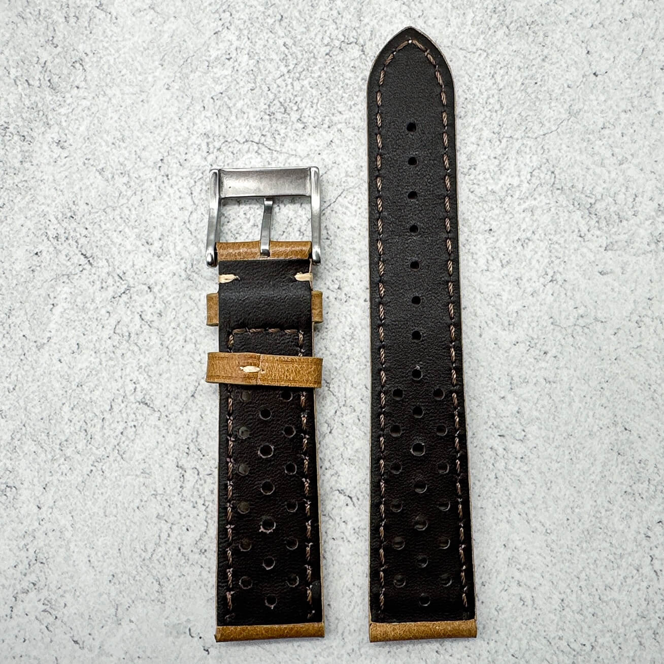 Rally Racing Perforated Cowhide Leather Watch Strap Yellow Brown 3