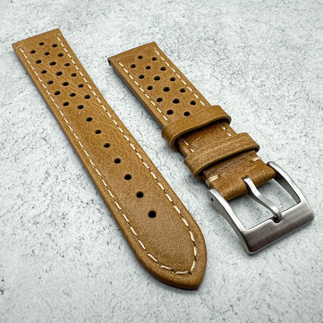 Rally Racing Perforated Cowhide Leather Watch Strap Yellow Brown 4