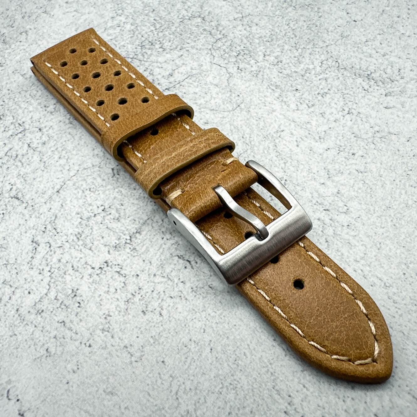 Rally Racing Perforated Cowhide Leather Watch Strap Yellow Brown 5