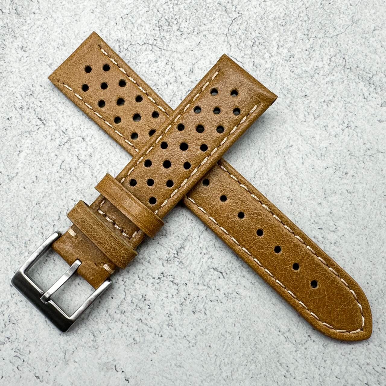 Rally Racing Perforated Cowhide Leather Watch Strap Yellow Brown 6