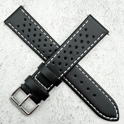 Rally Sports Olympic Themed Perforated Leather Watch Strap 18mm 20mm 22mm Black 5