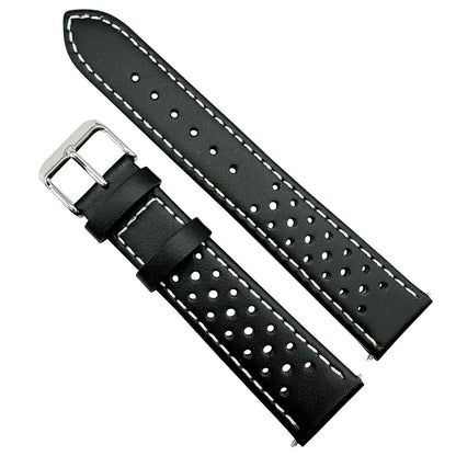 Rally Sports Olympic Themed Perforated Leather Watch Strap 18mm 20mm 22mm Black The Thrifty Gentleman