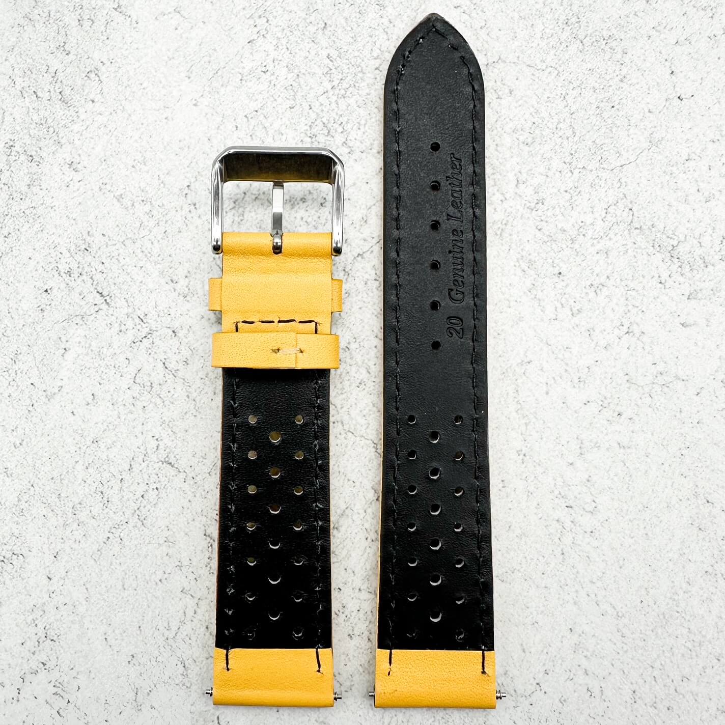 Rally Sports Olympic Themed Perforated Leather Watch Strap 18mm 20mm 22mm Yellow 3