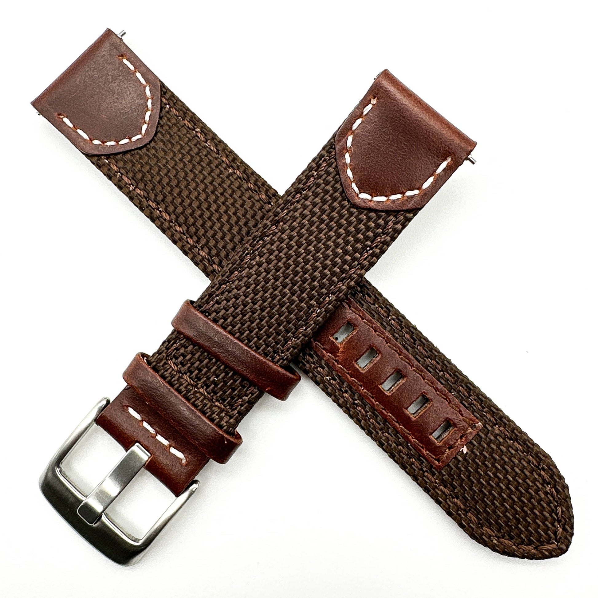 Sailcloth Nylon Leather Hybrid Watch Strap BROWN 20 22 24 mm