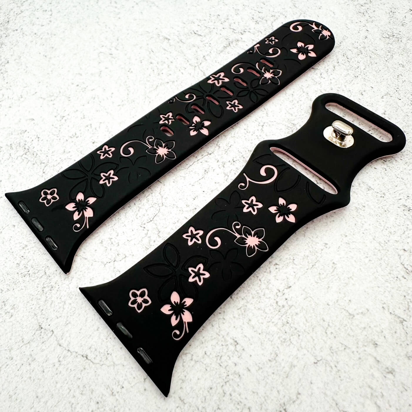 Silicone Floral Engraved Strap For Apple Watch In Black And Pink 2