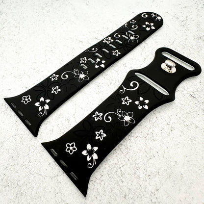 Silicone Floral Engraved Strap For Apple Watch In Black And White 2