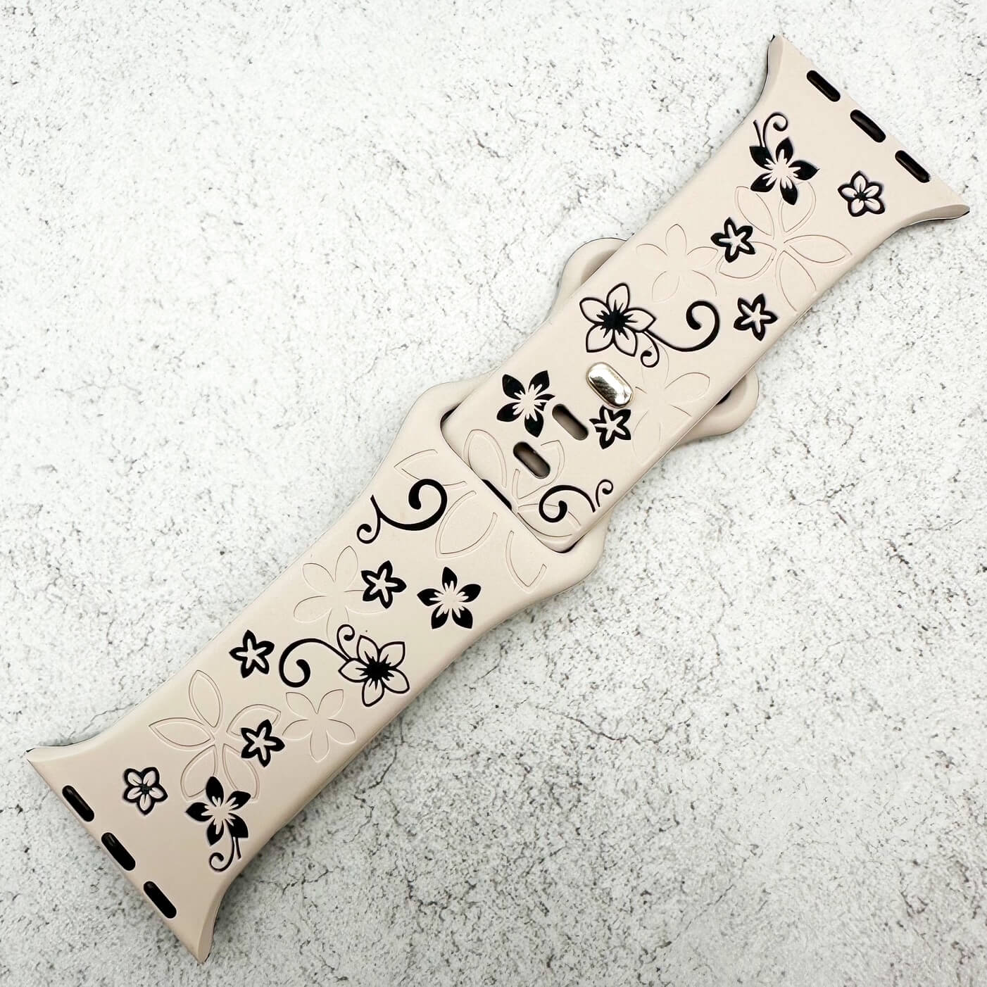 Silicone Floral Engraved Strap For Apple Watch In Starlight White And Black 1