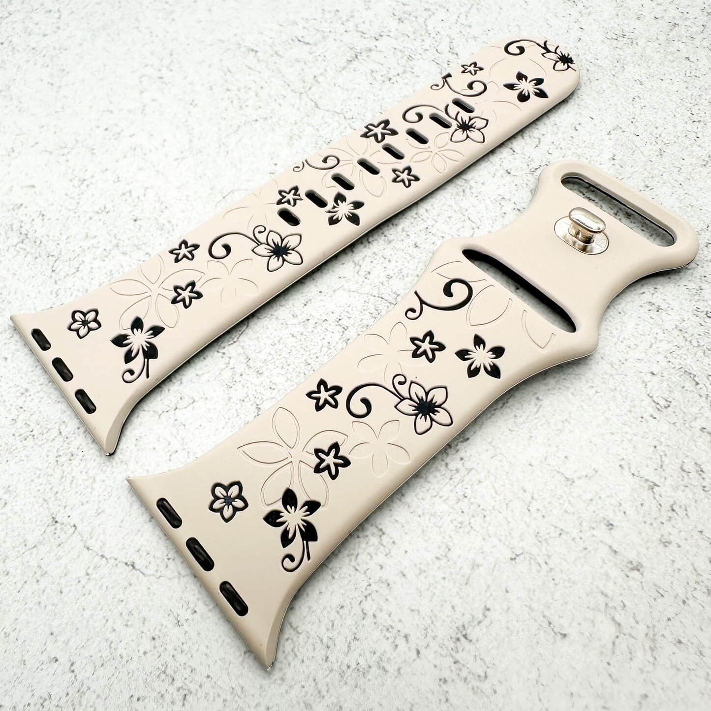 Silicone Floral Engraved Strap For Apple Watch In Starlight White And Black 2