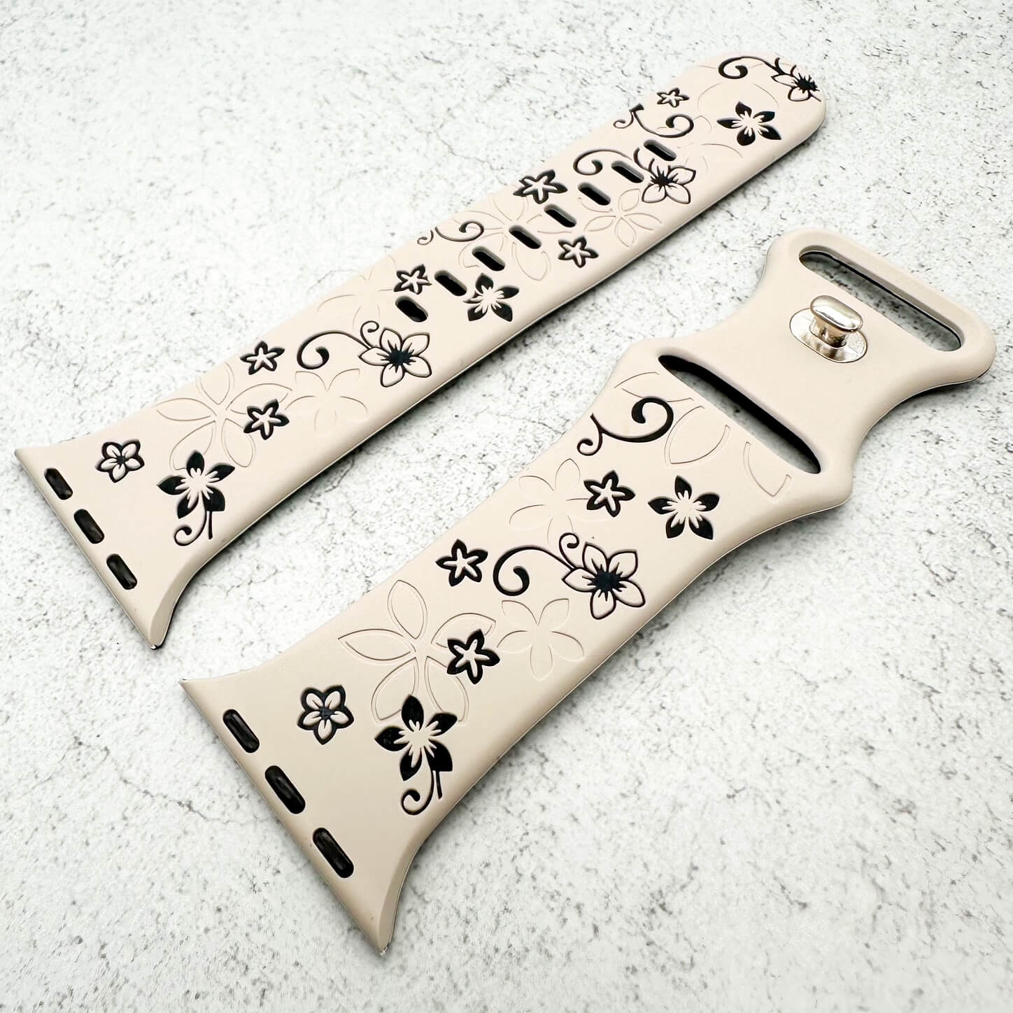 Silicone Floral Engraved Strap For Apple Watch In Starlight White And Black 2