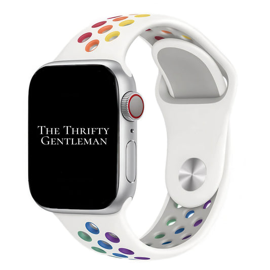 Silicone Sport Watch Band For Apple Watch In White and Rainbow The Thrifty Gentleman