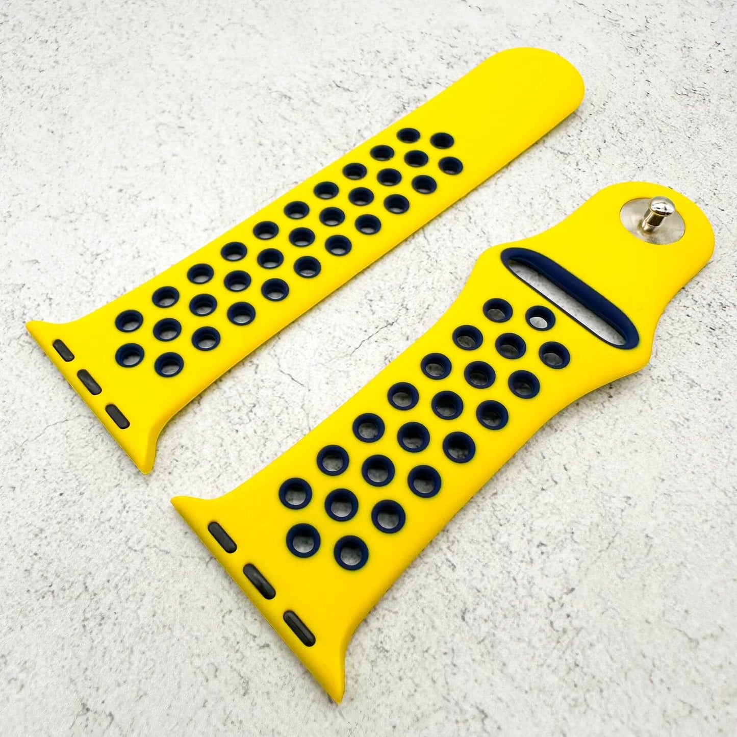 Silicone Sport Watch Band For Apple Watch In Yellow And Navy Blue 3