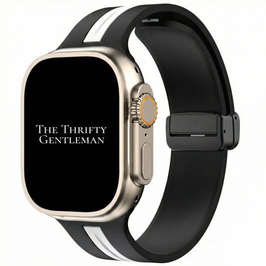 Silicone Strap With Magnetic Clasp For Apple Watch In Black And White From The Thrifty Gentleman