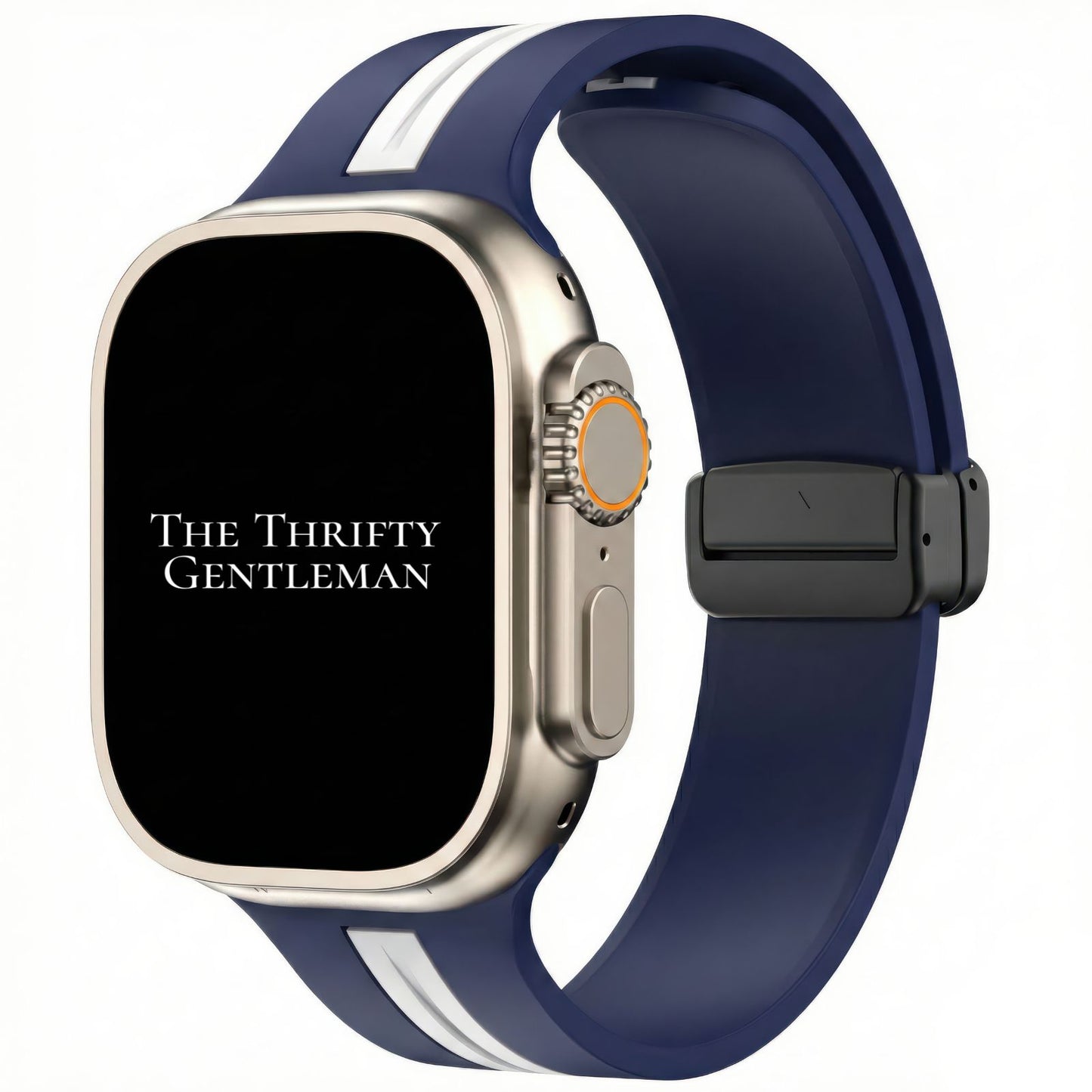 Silicone Strap With Magnetic Clasp For Apple Watch In Blue And White From The Thrifty Gentleman