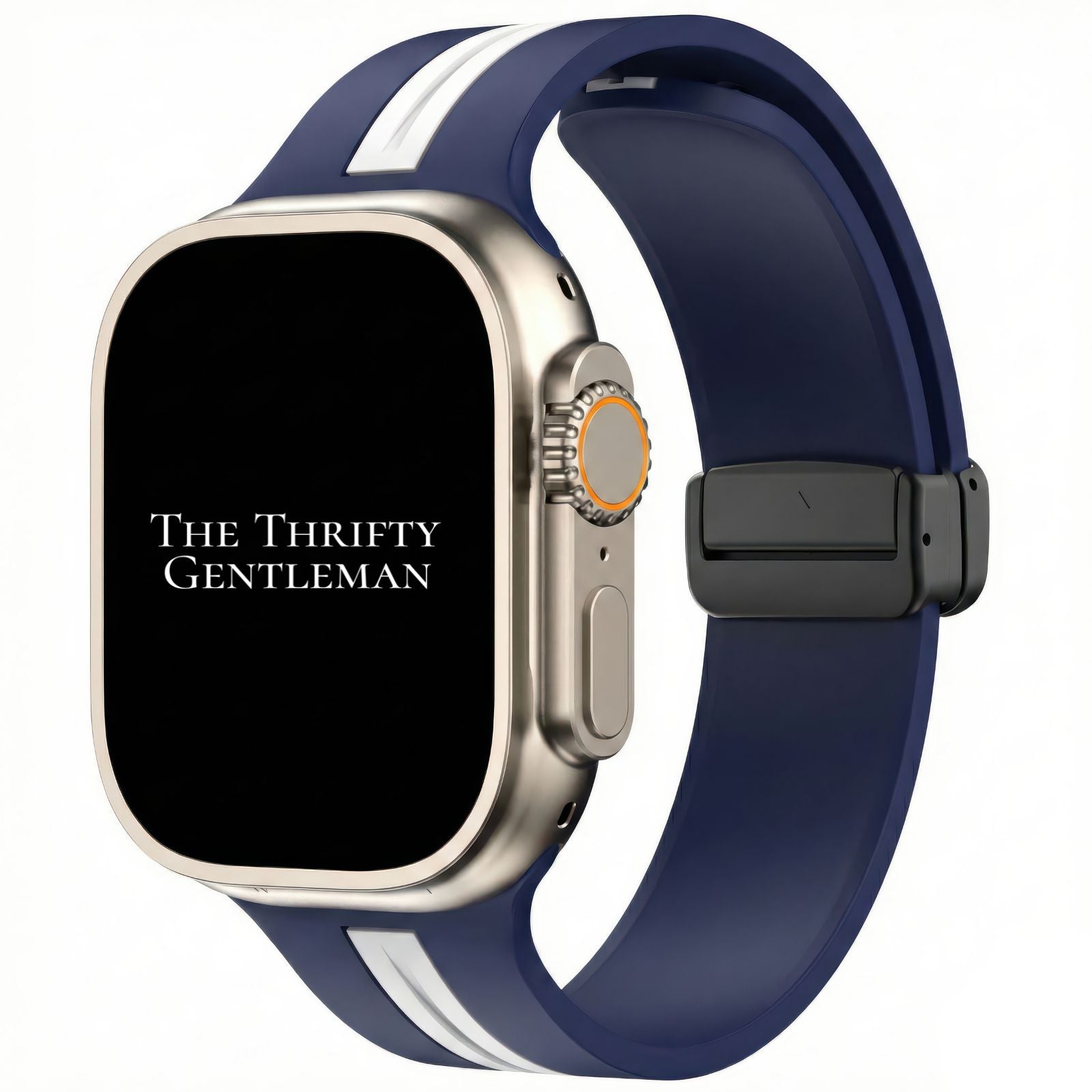Silicone Strap With Magnetic Clasp For Apple Watch In Blue And White From The Thrifty Gentleman