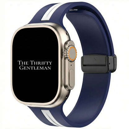 Silicone Strap With Magnetic Clasp For Apple Watch In Blue And White From The Thrifty Gentleman