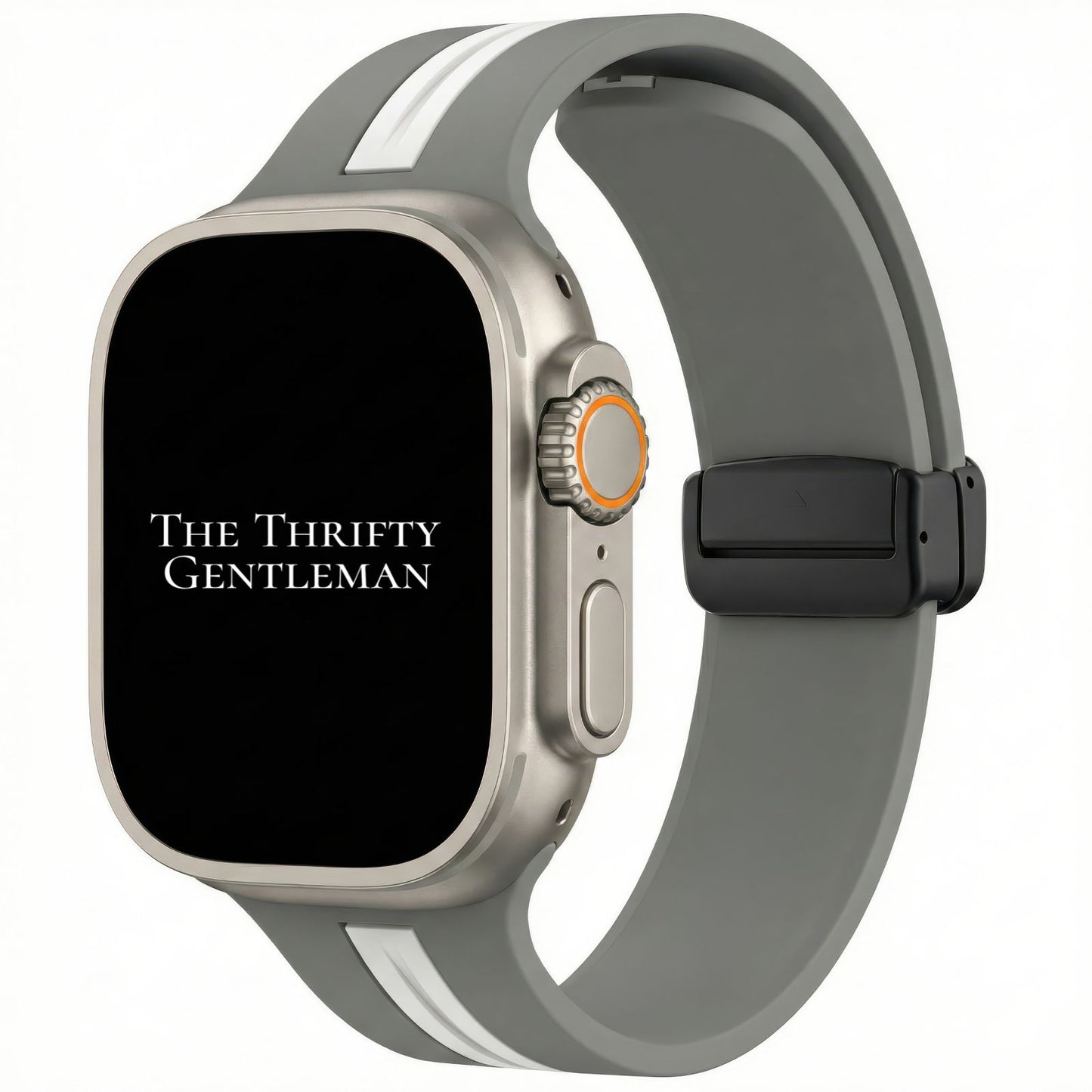 Silicone Strap With Magnetic Clasp For Apple Watch In Grey And White From The Thrifty Gentleman