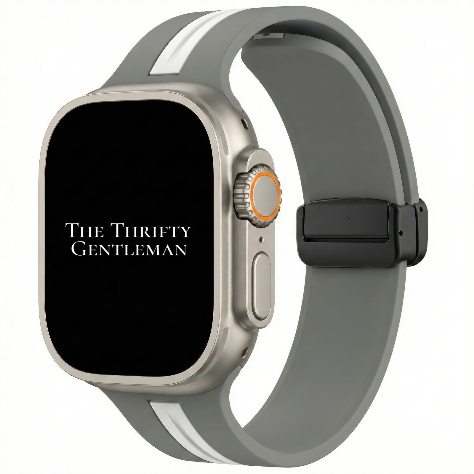 Silicone Strap With Magnetic Clasp For Apple Watch In Grey And White From The Thrifty Gentleman