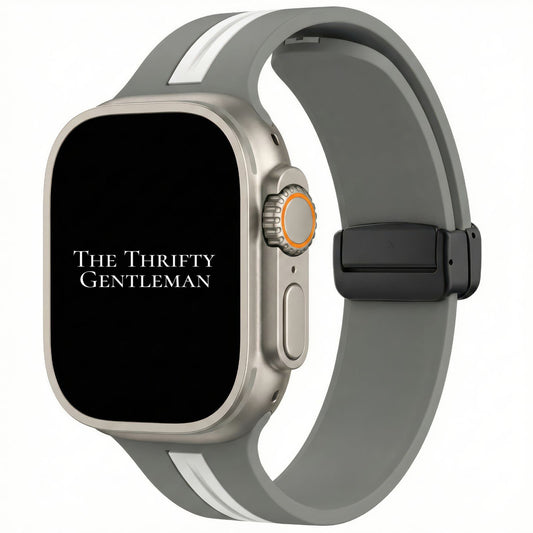 Silicone Strap With Magnetic Clasp For Apple Watch In Grey And White From The Thrifty Gentleman