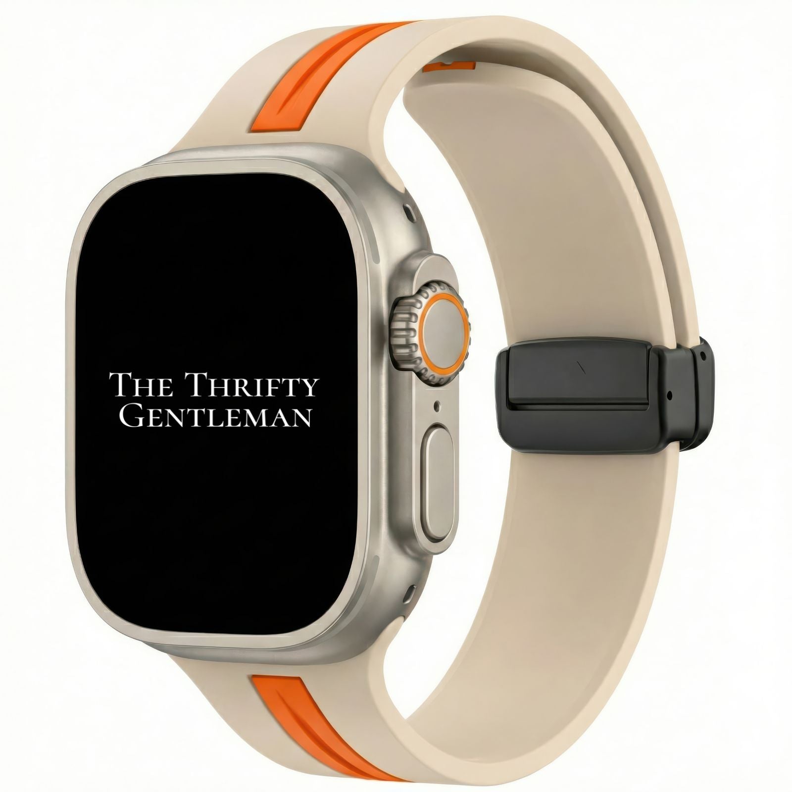 Silicone Strap With Magnetic Clasp For Apple Watch In Warm Beige And Orange From The Thrifty Gentleman