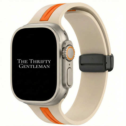 Silicone Strap With Magnetic Clasp For Apple Watch In Warm Beige And Orange From The Thrifty Gentleman