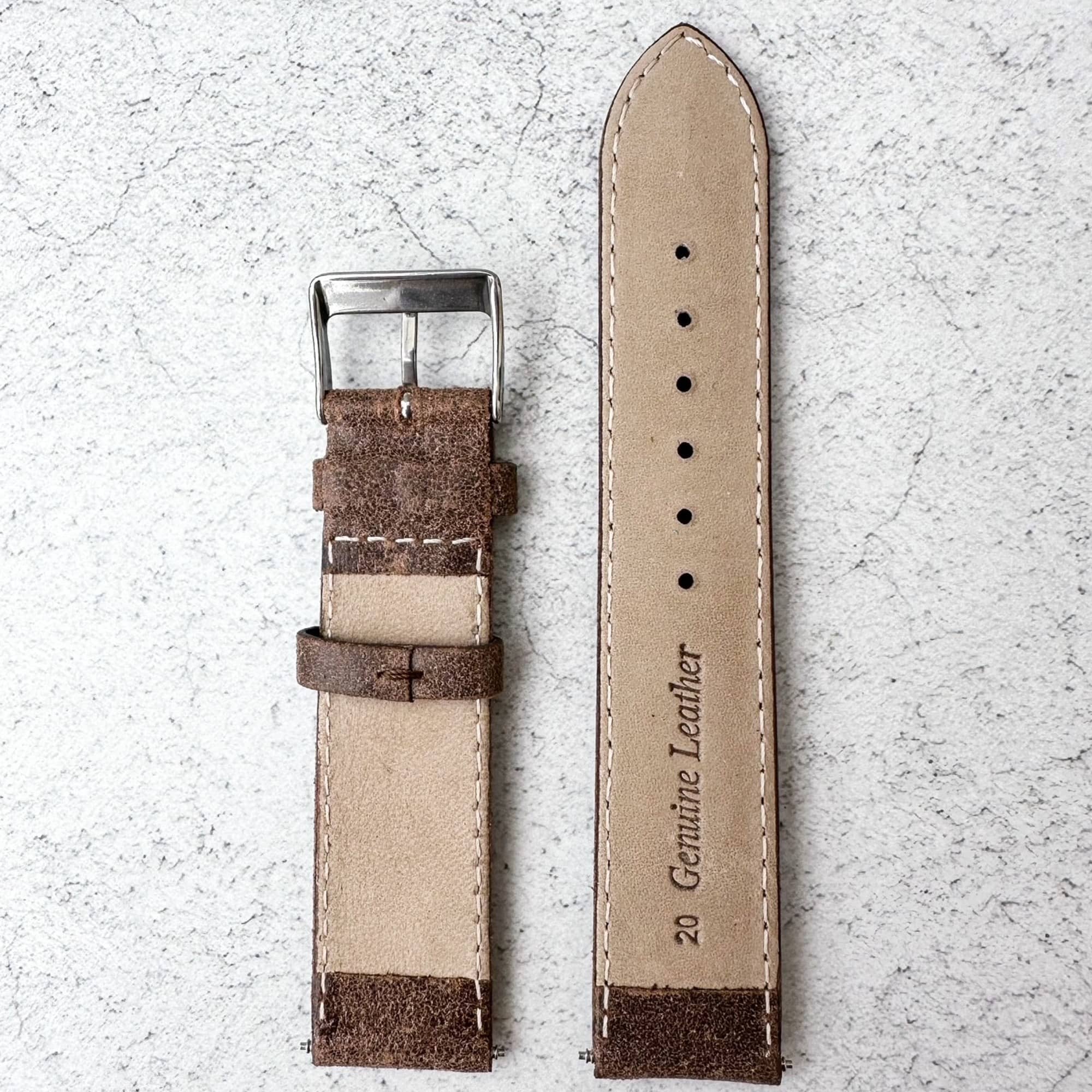Smooth Grain Genuine Leather Vintage Watch Strap - Brown
