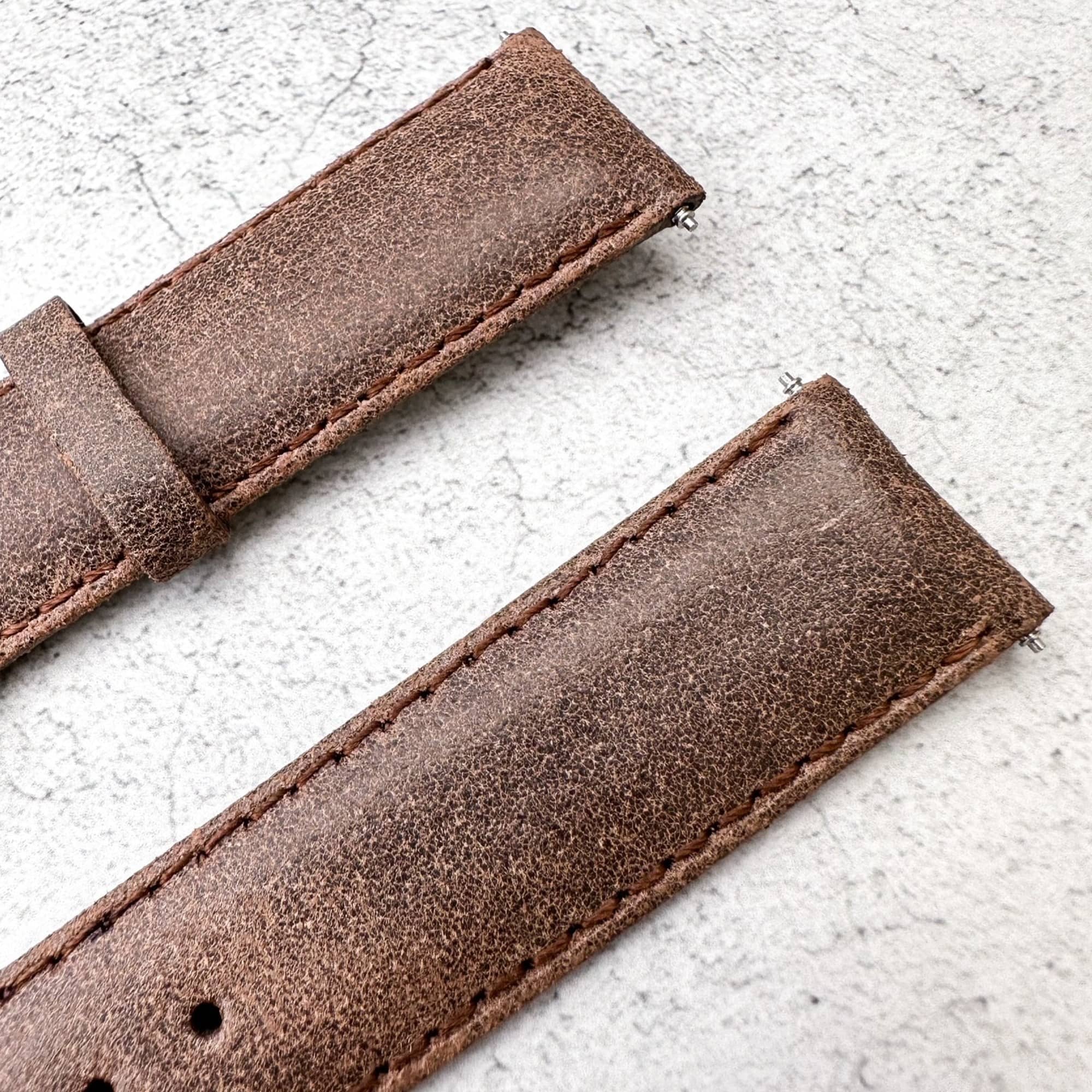 Smooth Grain Genuine Leather Vintage Watch Strap - Brown