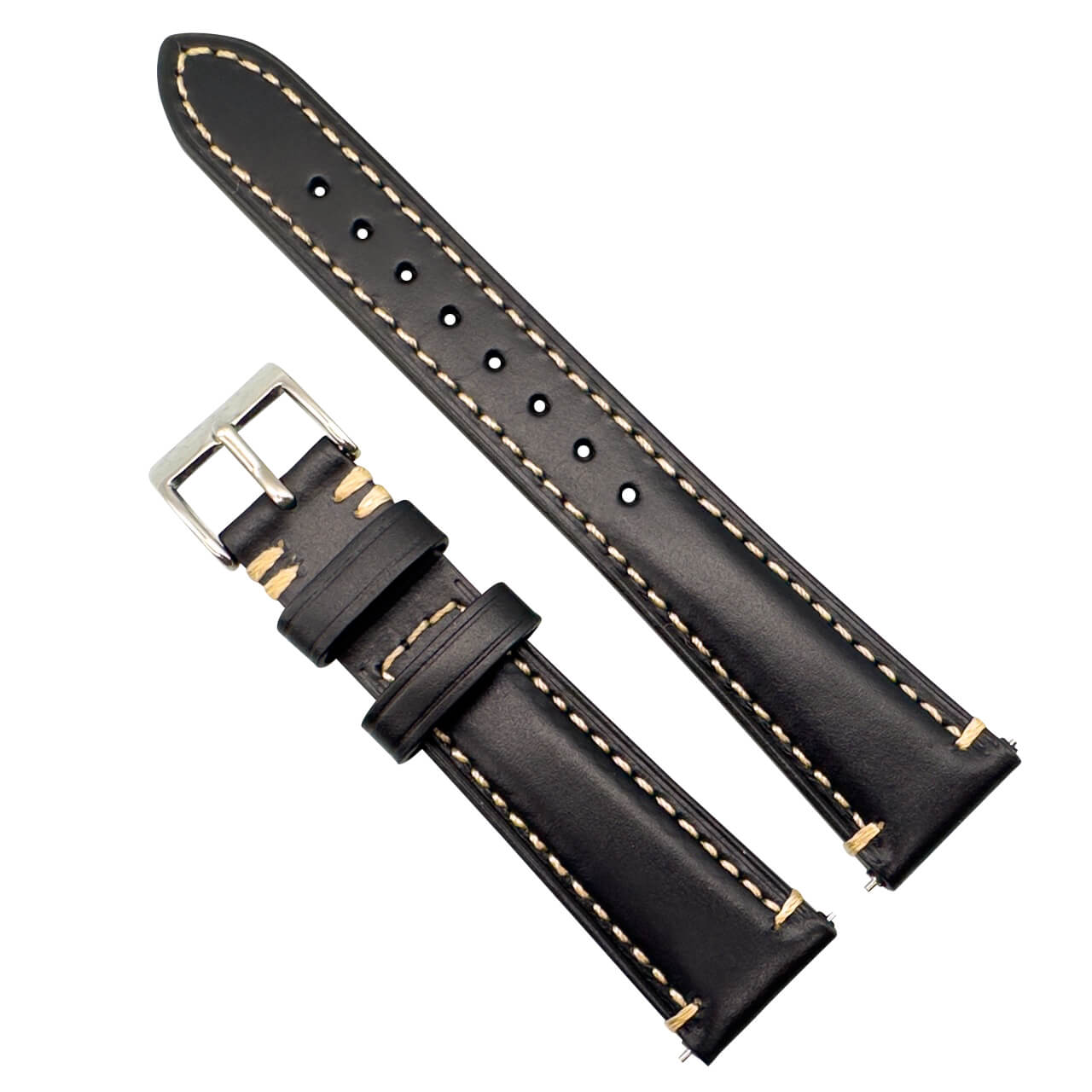 Waxed Italian Smooth Leather Side Stitched Watch Strap In Black 1