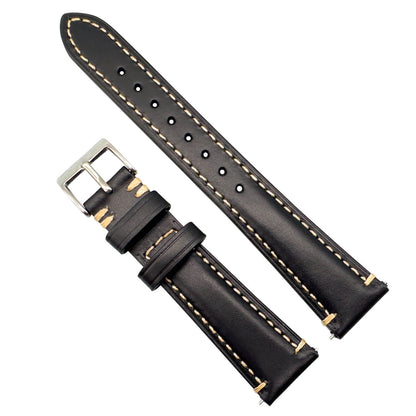 Waxed Italian Smooth Leather Side Stitched Watch Strap In Black 1