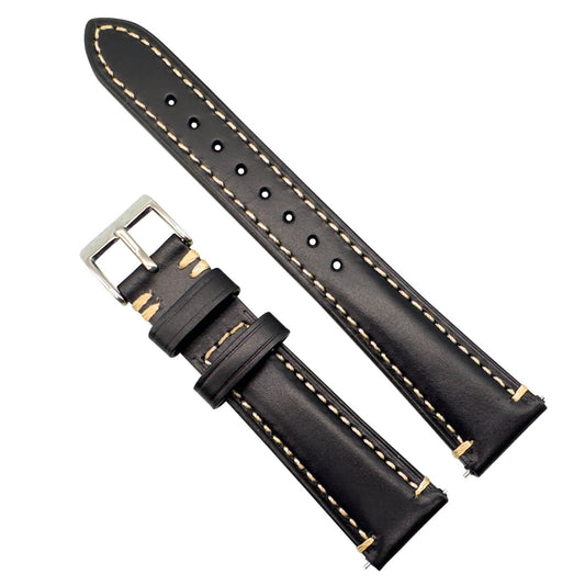 Waxed Italian Smooth Leather Side Stitched Watch Strap In Black 1