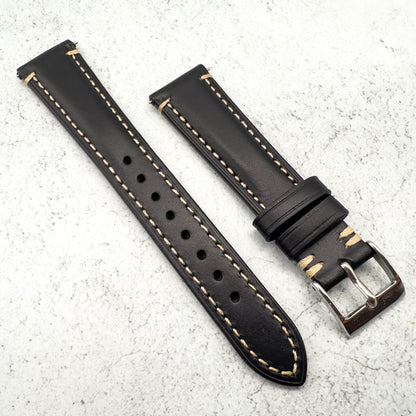 Waxed Italian Smooth Leather Side Stitched Watch Strap In Black 2