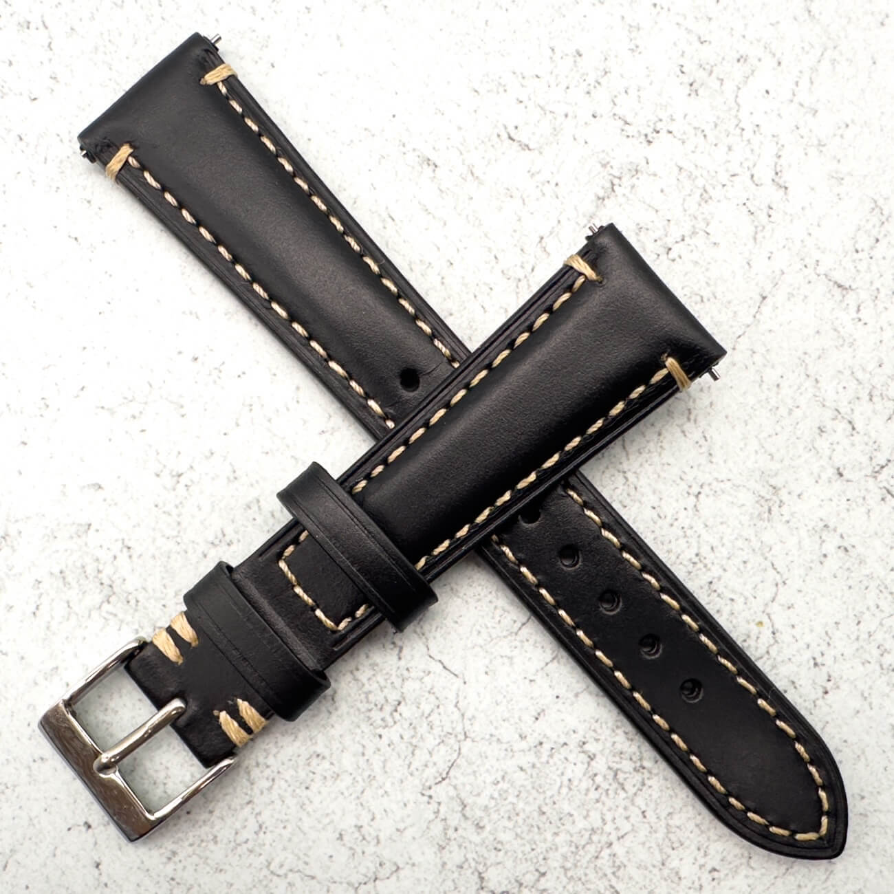 Waxed Italian Smooth Leather Side Stitched Watch Strap In Black 3