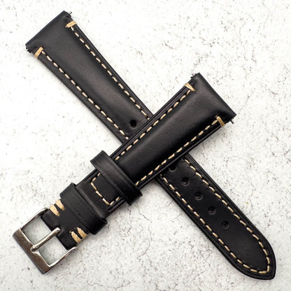 Waxed Italian Smooth Leather Side Stitched Watch Strap In Black 3