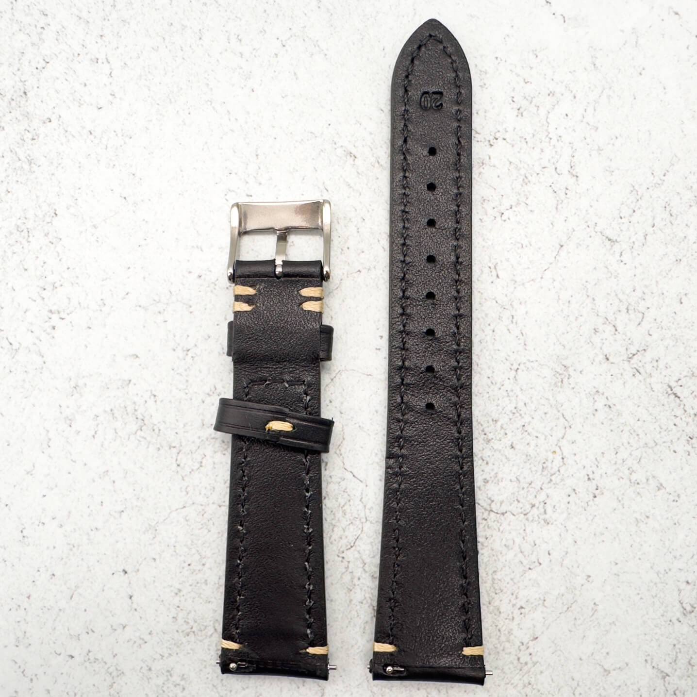 Waxed Italian Smooth Leather Side Stitched Watch Strap In Black 4