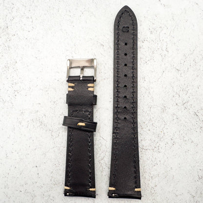 Waxed Italian Smooth Leather Side Stitched Watch Strap In Black 4