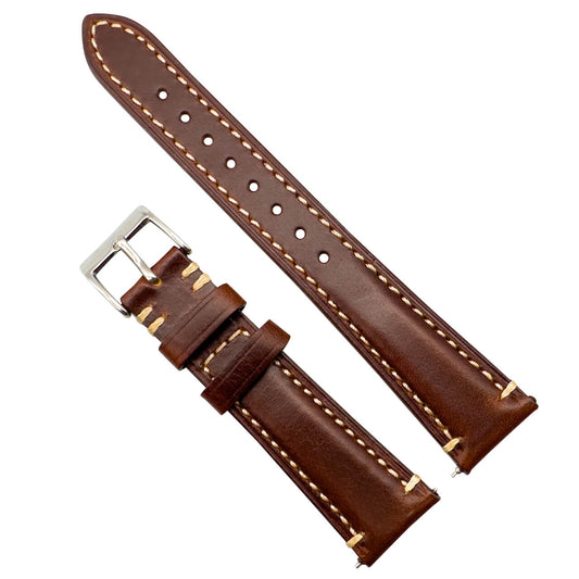 Waxed Italian Smooth Leather Side Stitched Watch Strap In Brown 1