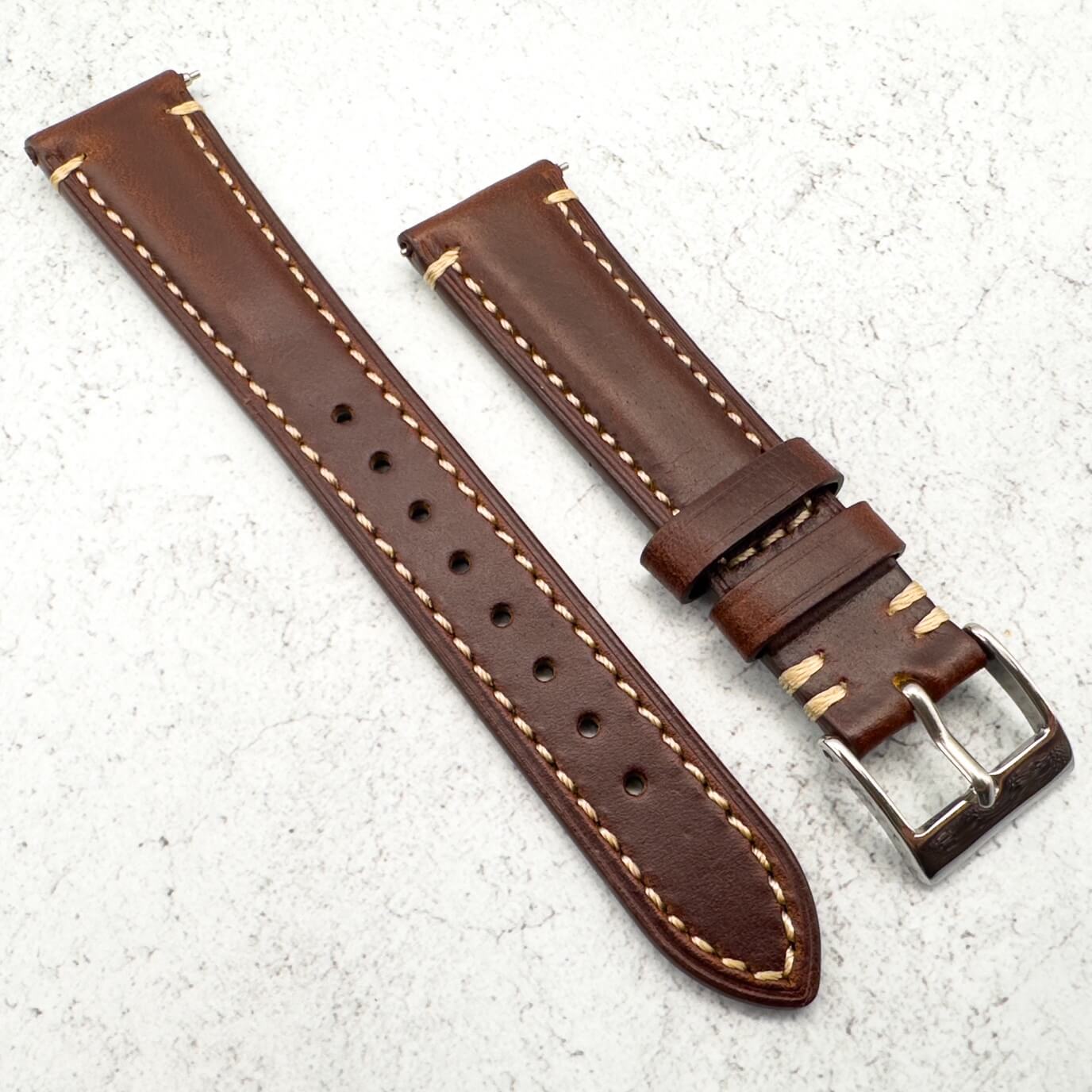 Waxed Italian Smooth Leather Side Stitched Watch Strap In Brown 2
