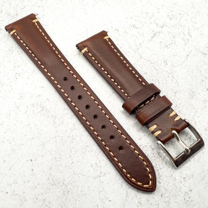 Waxed Italian Smooth Leather Side Stitched Watch Strap In Brown 2