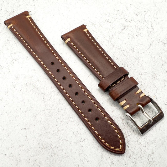 Waxed Italian Smooth Leather Side Stitched Watch Strap In Brown 2