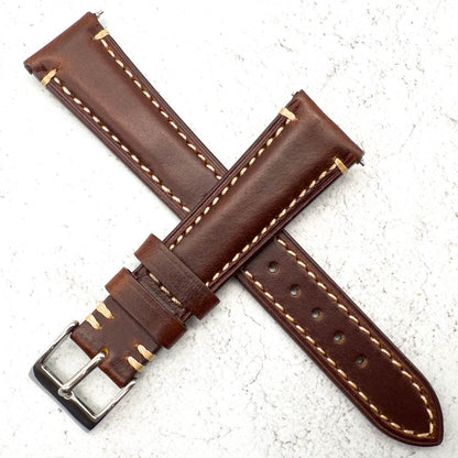 Waxed Italian Smooth Leather Side Stitched Watch Strap In Brown 3