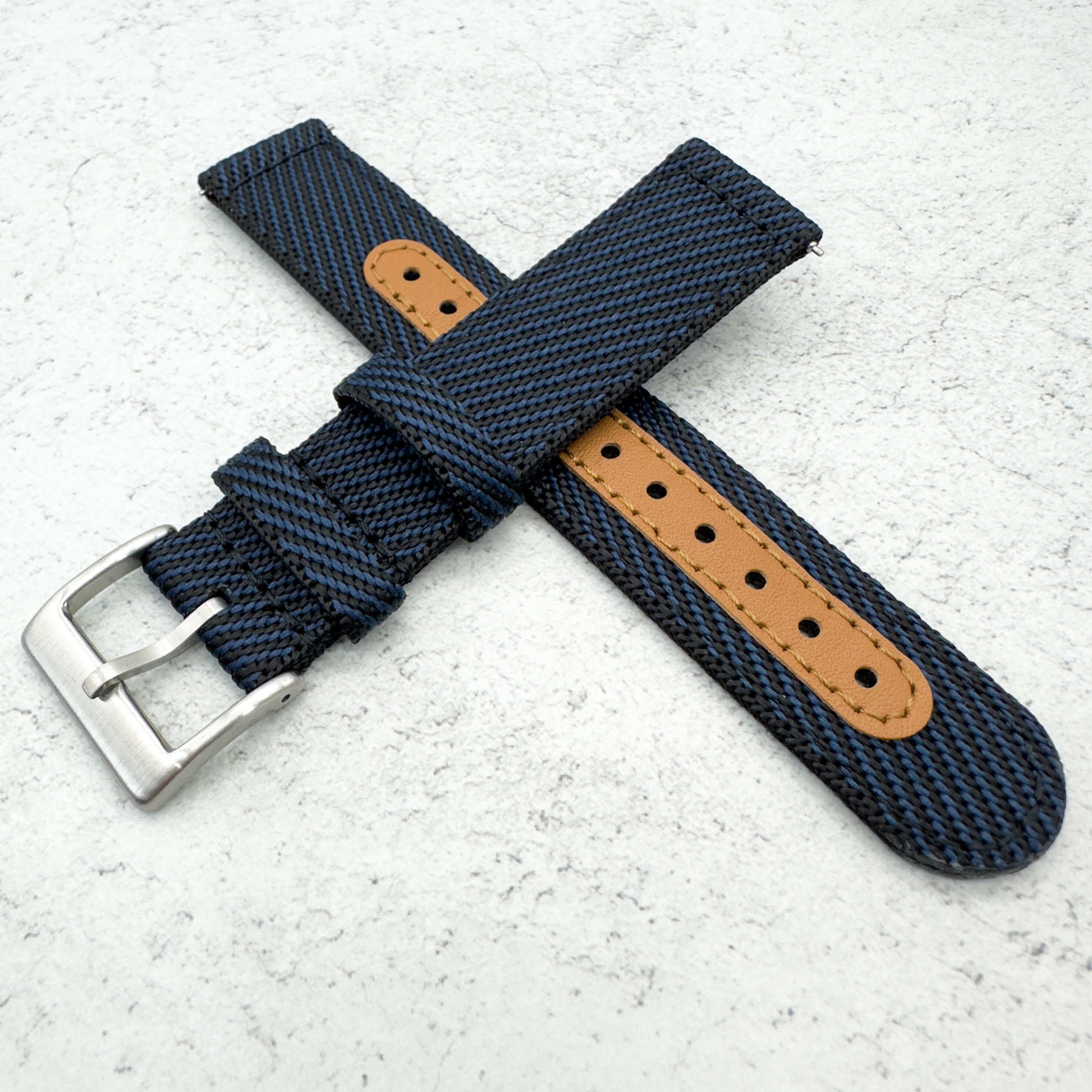 Woven Nylon Leather Hybrid Watch Strap Blue 5