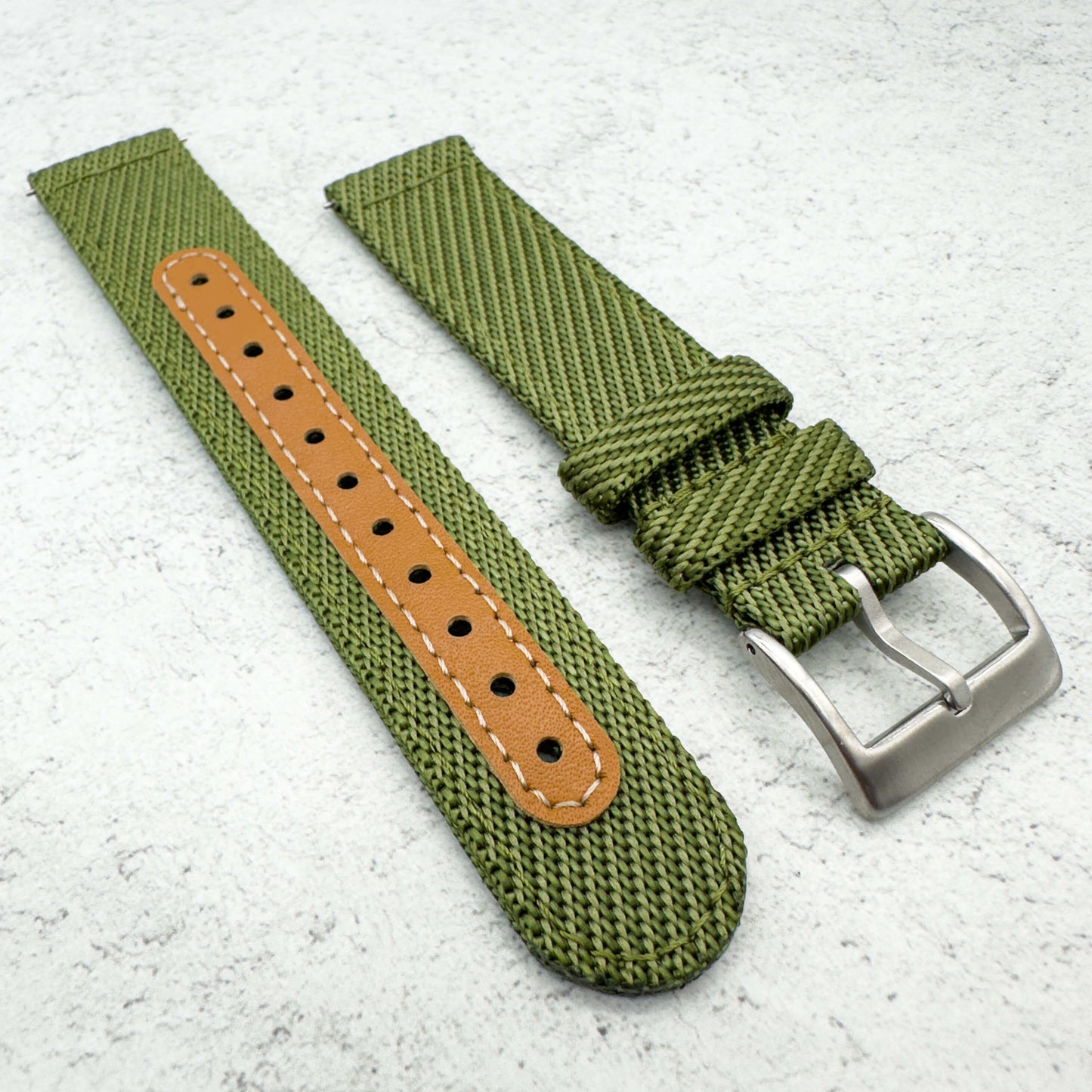 Woven Nylon Leather Hybrid Watch Strap Green 3